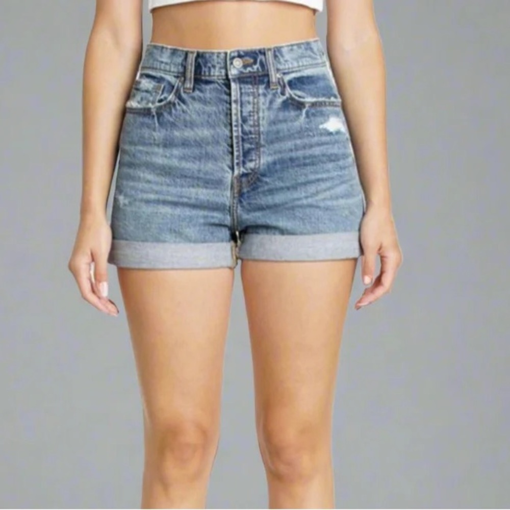 Eunina Olivia Ultra High Rise Mom Denim Shorts Button Fly Distressed Cuffed Hem